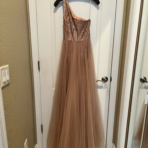 Size 2 Nina Canacci Dusty Rose One-Shoulder Tulle Overskirt Gown - Picture 2 of 3